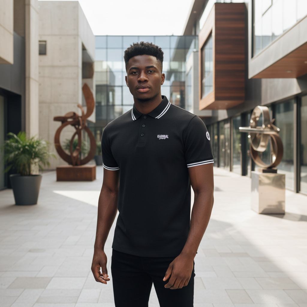 Young Nigerian male model wearing black polo with white stripe tipped collar