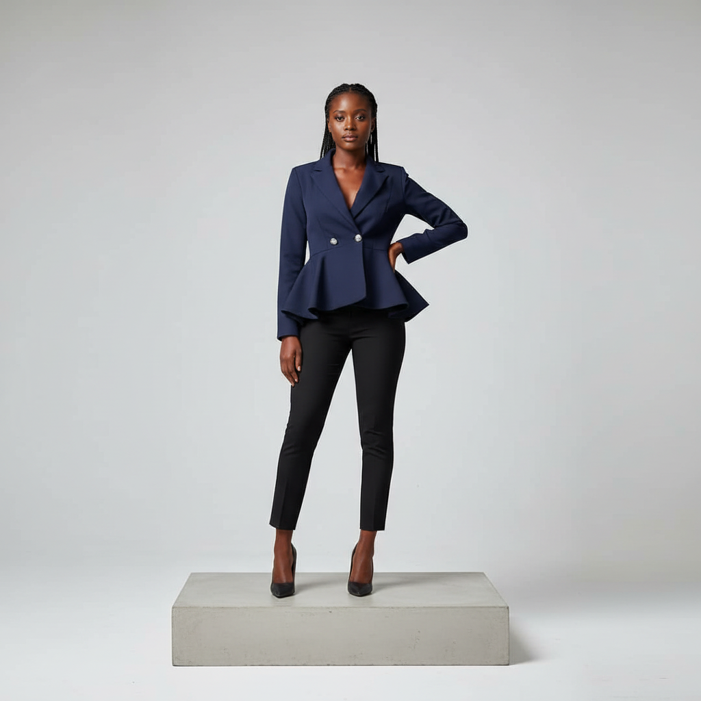 Navy Blue Cropped Peplum Blazer - Model Front