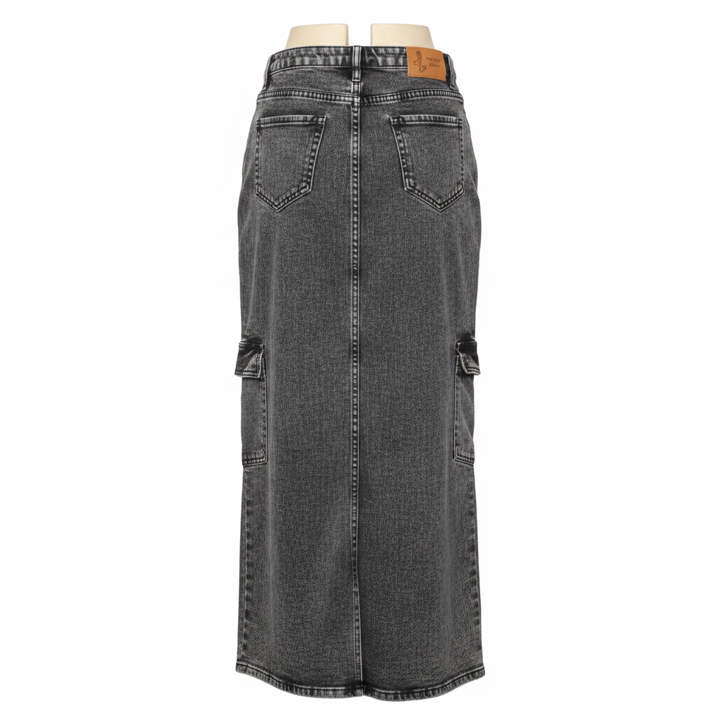 Charcoal Grey Acid Wash Cargo Denim Maxi Skirt - Ghost Mannequin Back