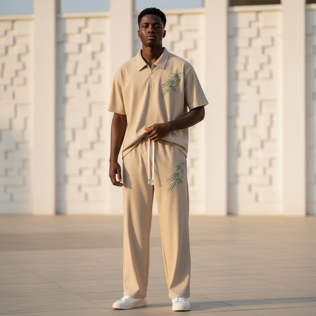 Male model wearing stone cream bamboo leaf ribbed polo and trouser two-piece set