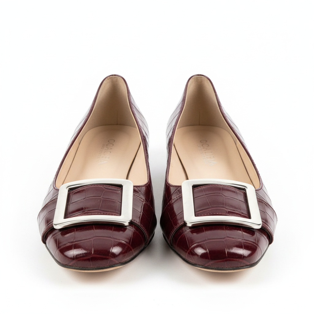 Women's burgundy croc flat pumps with silver buckle – ghost mannequin pair