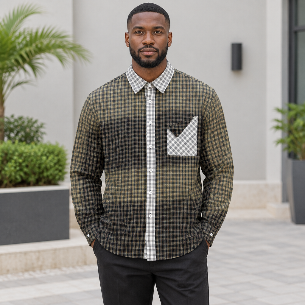 Men's olive black patchwork plaid shirt on Black Nigerian model