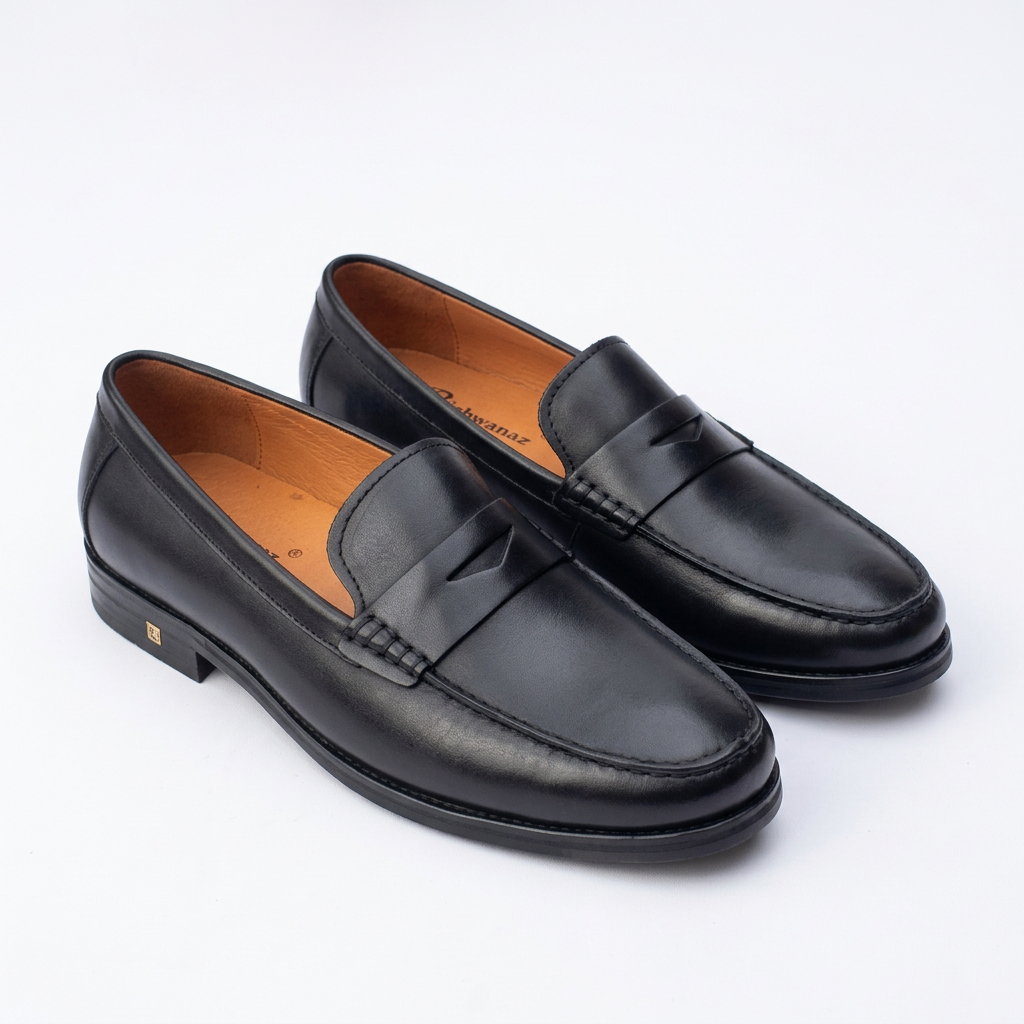 Black penny loafers with moc-toe stitching and low black heels