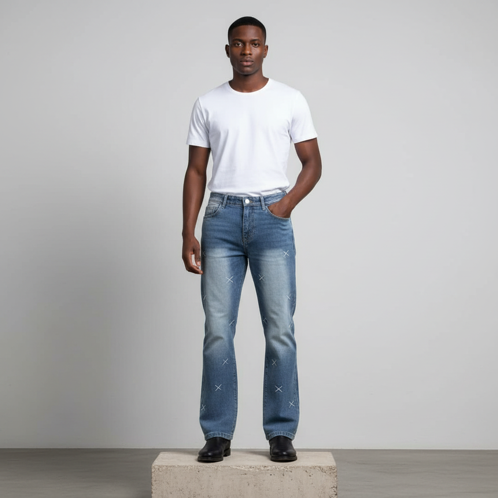 Nigerian male model wearing blue cross stitch embroidered flared jeans