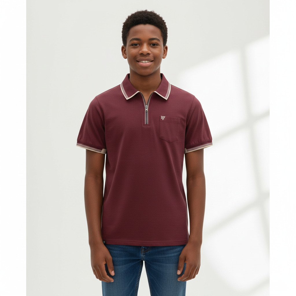 Nigerian teen model wearing burgundy zip collar polo – front view