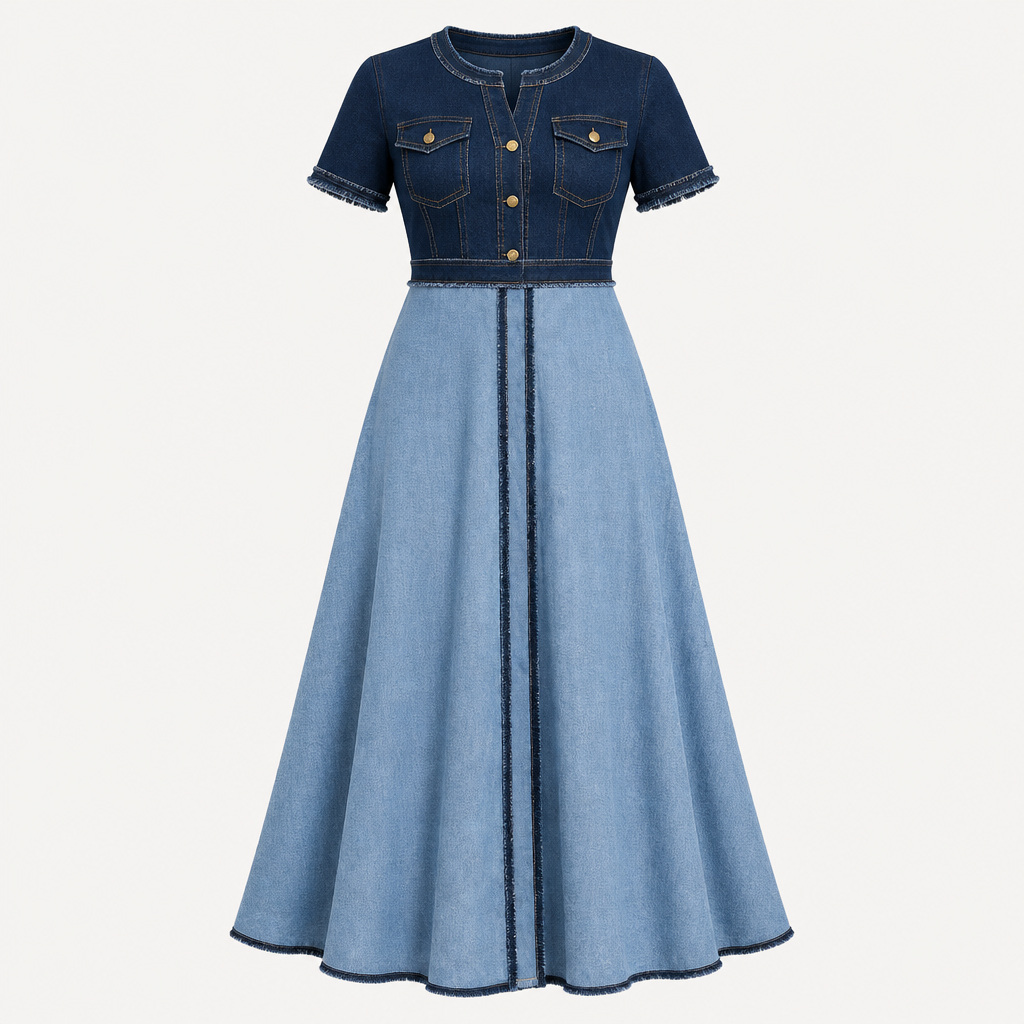 Two-tone blue short-sleeve dress with flared skirt on invisible mannequin