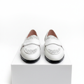 Men's white rhinestone embellished penny loafers pair on white platform