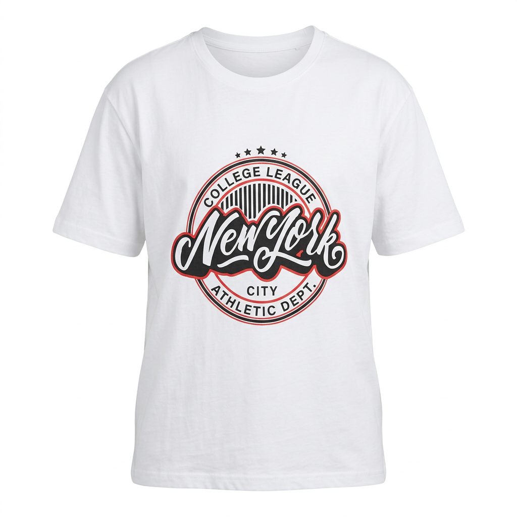 White black-and-red varsity graphic T-shirt ghost mannequin on white