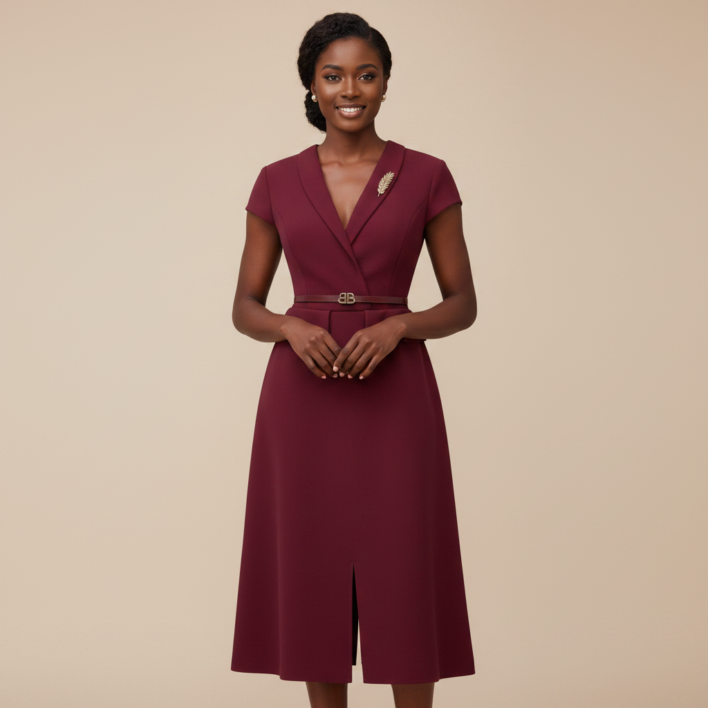 Burgundy Belted Peplum Midi Dress - Front Model