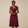Burgundy Belted Peplum Midi Dress - Front Model