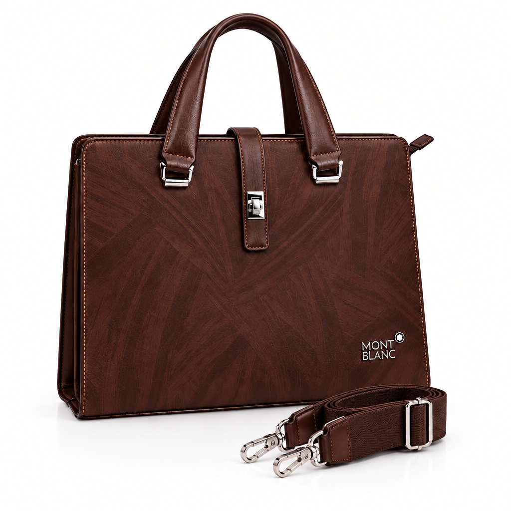 Brown patterned tab-detail top-handle bag with matching detached strap