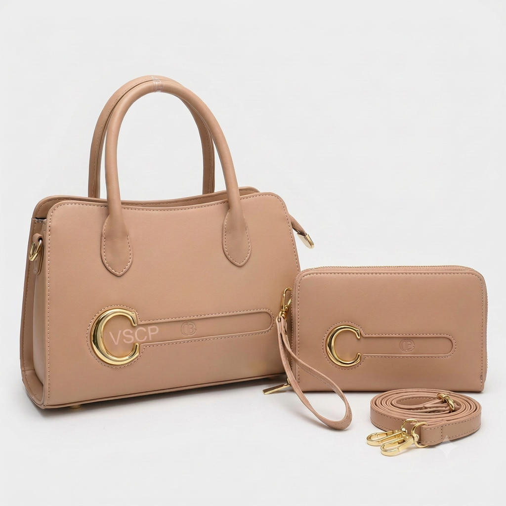 Beige buckle-detail handbag with matching wristlet and strap, without hanging label