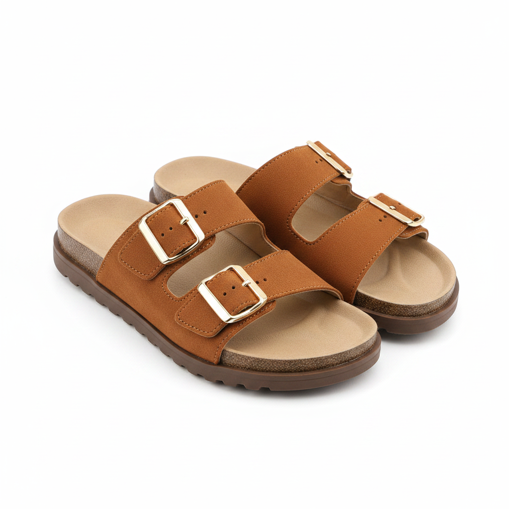 Women's Double-Buckle Flat Slide Sandal - Coffee Ghost Mannequin