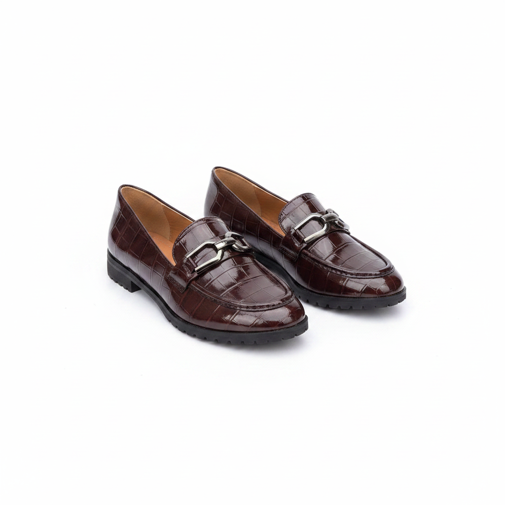 Layinka Store Burgundy Croc Patent Bar-Buckle Loafers – Catalog Shot