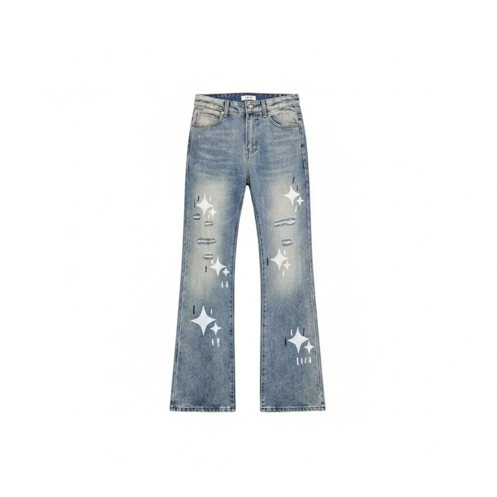 Men's Light Blue Star Print Flared Denim Jeans – Ghost Mannequin Front View