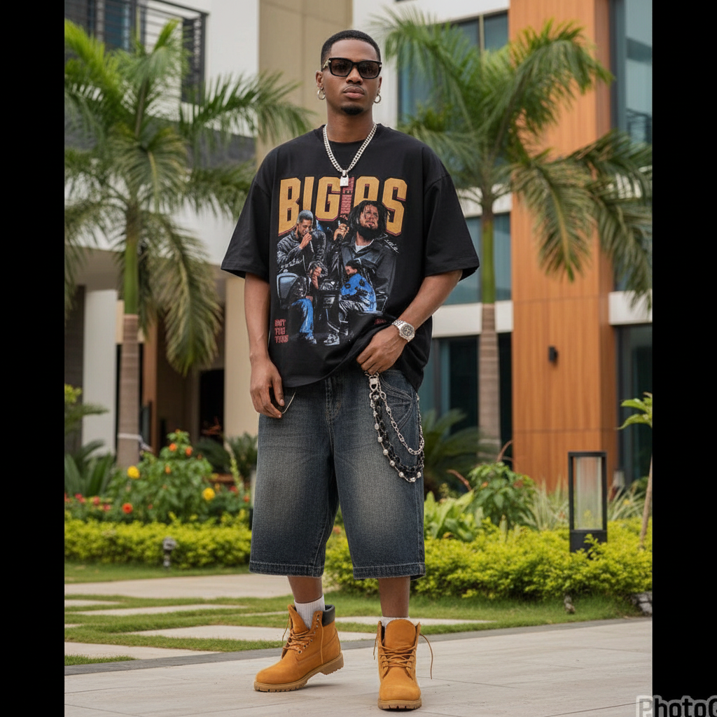 Men's Black Oversized Hip-Hop Graphic Tee – Nigerian Male Model Shot