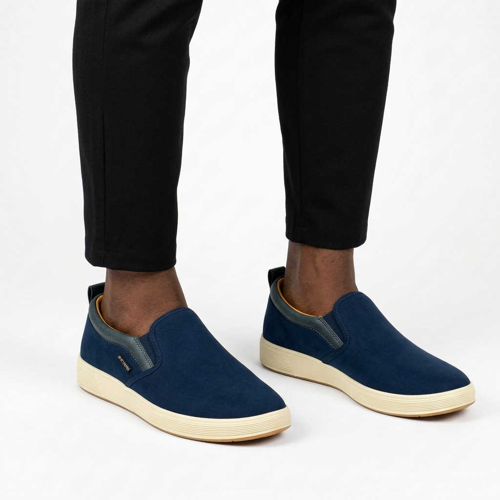 Navy dark-trim cream-sole slip-on sneakers properly worn on both feet