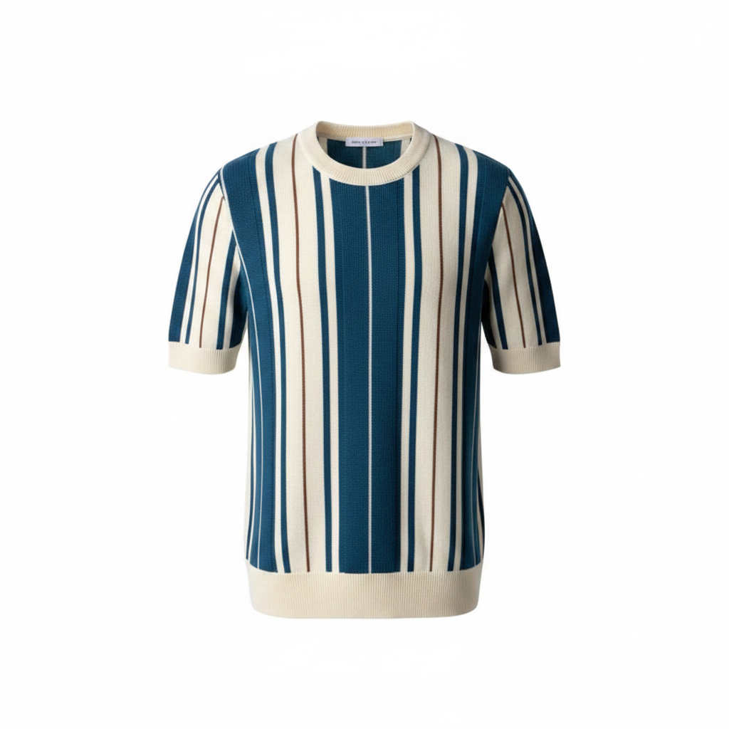 Teal and cream stripe knit crewneck tee - ghost mannequin front view