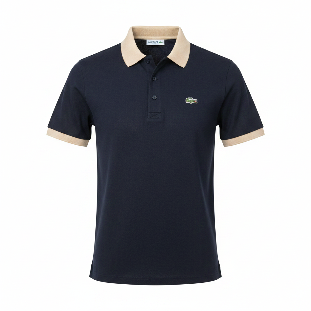 Men's navy polo shirt with cream contrast collar and cuffs, ghost mannequin front view