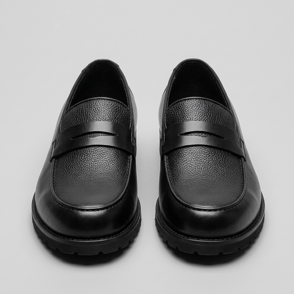 Men's black leather penny loafers with pebbled strap, front view