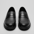 Men's black leather penny loafers with pebbled strap, front view