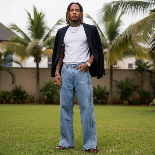 Nigerian male model wearing light blue baggy wide-leg pintuck seam side snap button denim jeans