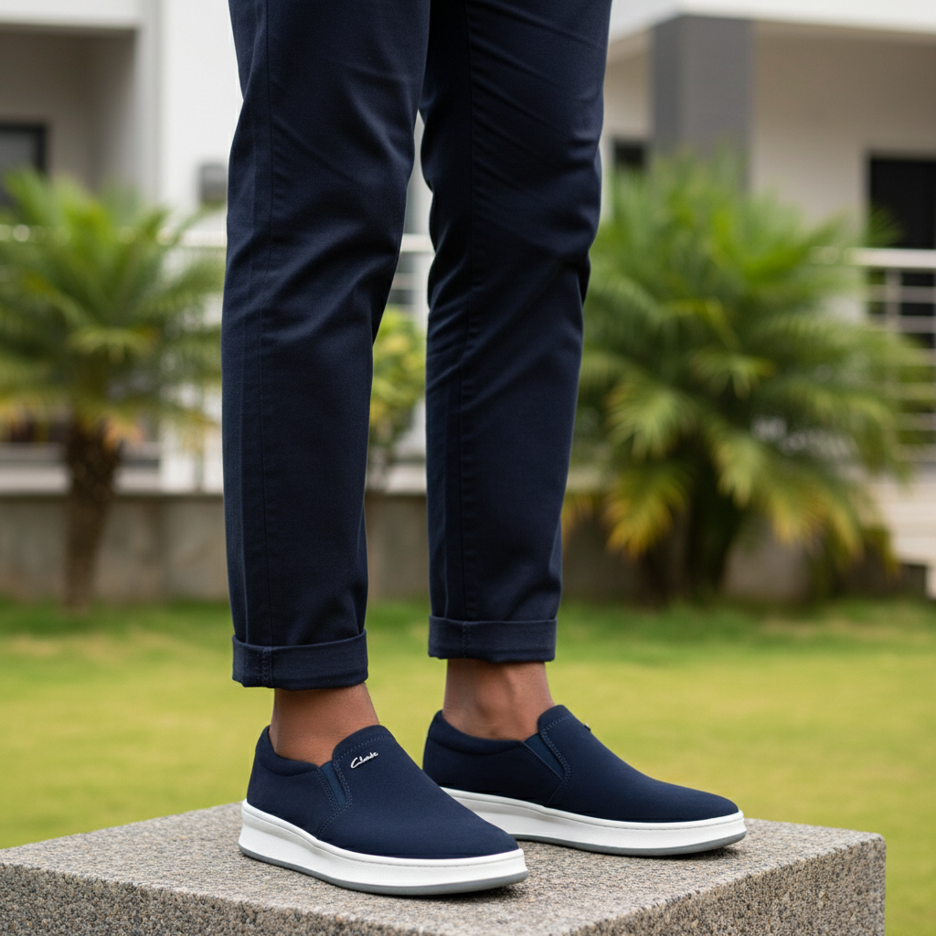Leg-focused shot of Nigerian male model wearing navy blue suede slip-on sneakers with white cupsole