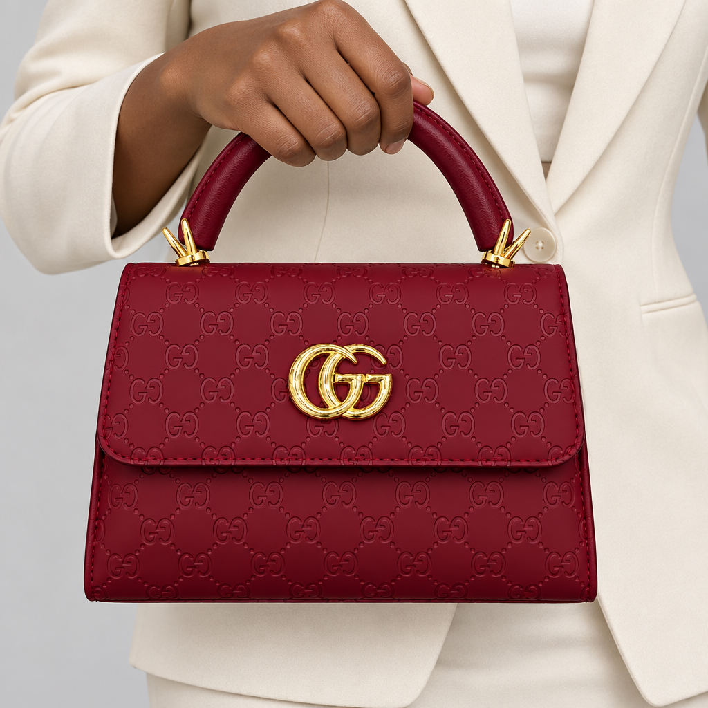 Burgundy embossed handbag held by its top handle