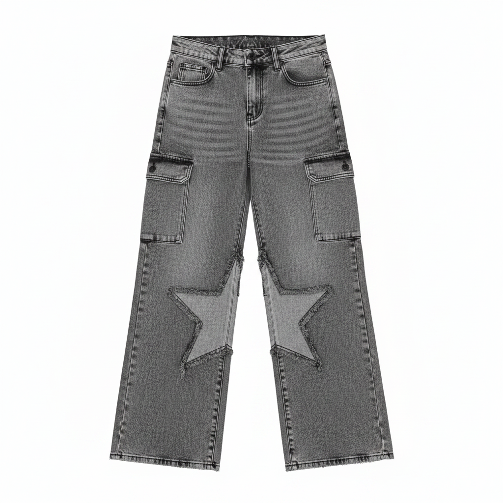 Men's acid-wash grey star cutout cargo jeans — ghost mannequin view
