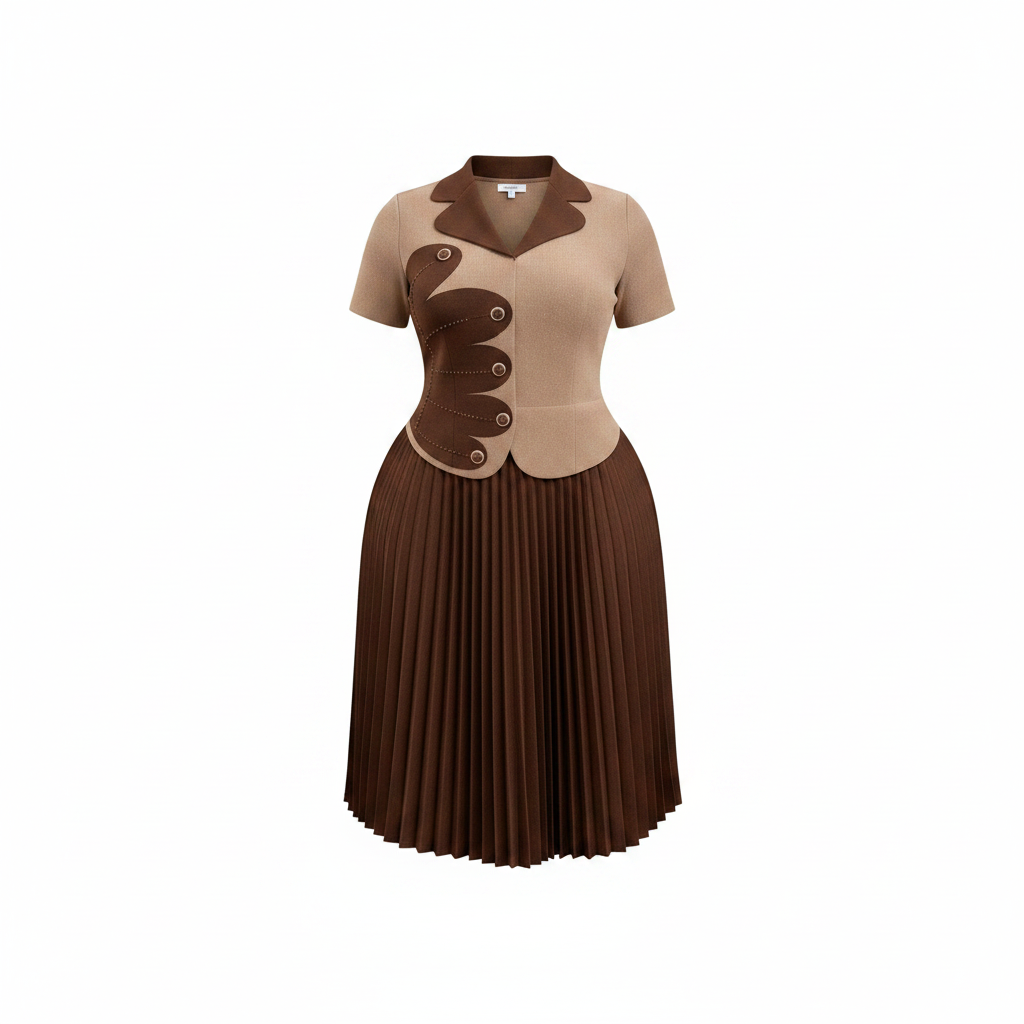 Ghost mannequin view of women's beige and brown colour-block button trim pleated midi two-piece set