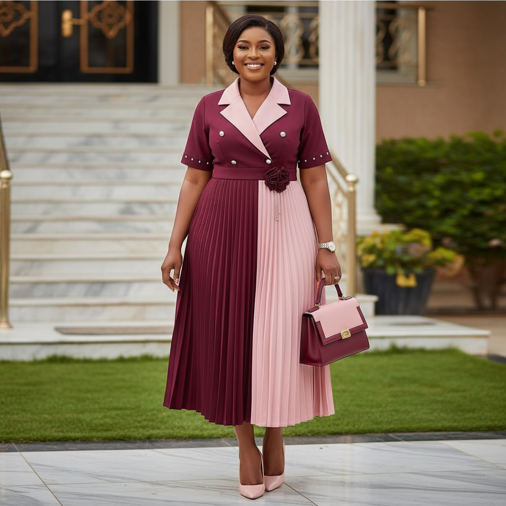 Women's burgundy and blush colour-block pleated midi gown – Nigerian model lifestyle shot