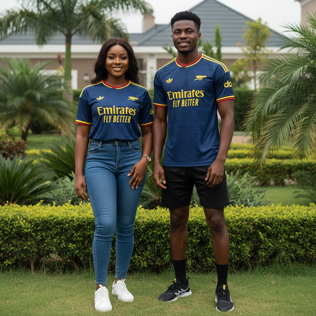 Navy blue and yellow striped football jersey — Nigerian male and female models side by side