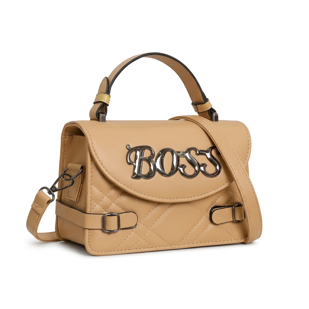 Warm beige quilted handbag with buckle details on a white background
