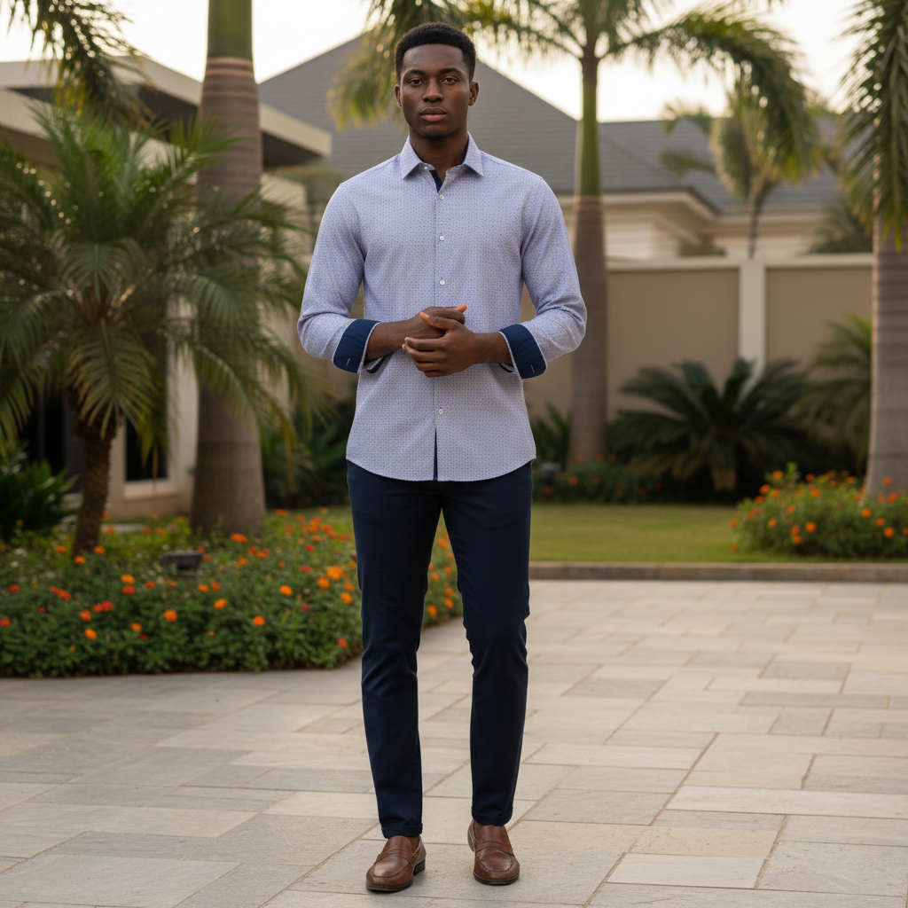 Young Nigerian male wearing light blue grey micro-print long sleeve dress shirt with navy contrast cuffs and collar
