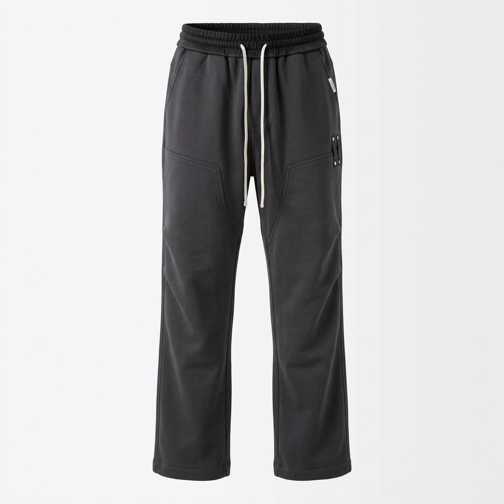 Men’s charcoal grey joggers with white drawstrings and metal thigh accents, generated ghost mannequin view