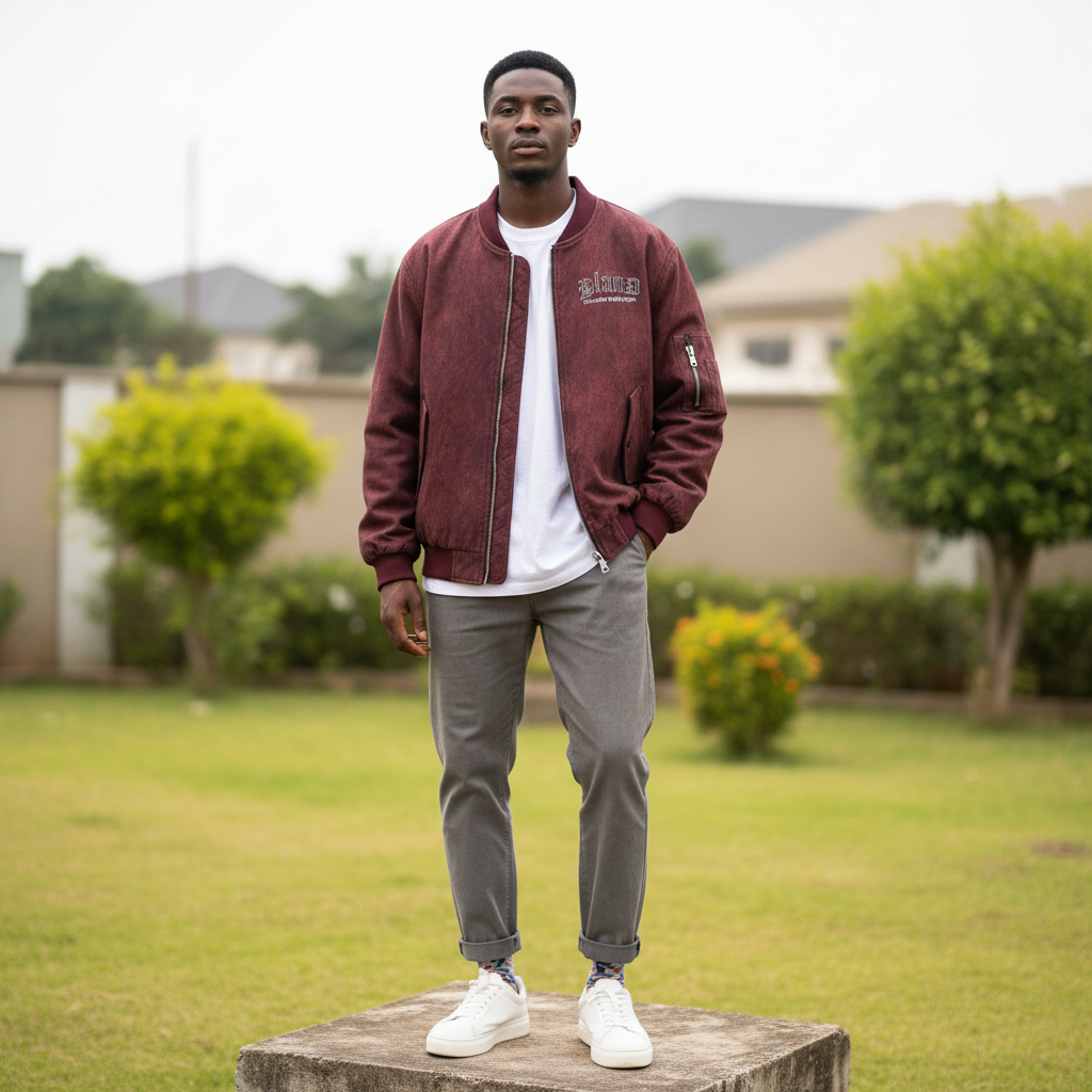 Men's Burgundy Textured Oversized Bomber Jacket – Nigerian Male Model Shot