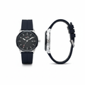 Full black faceted round watch shown from the front and side on a white background