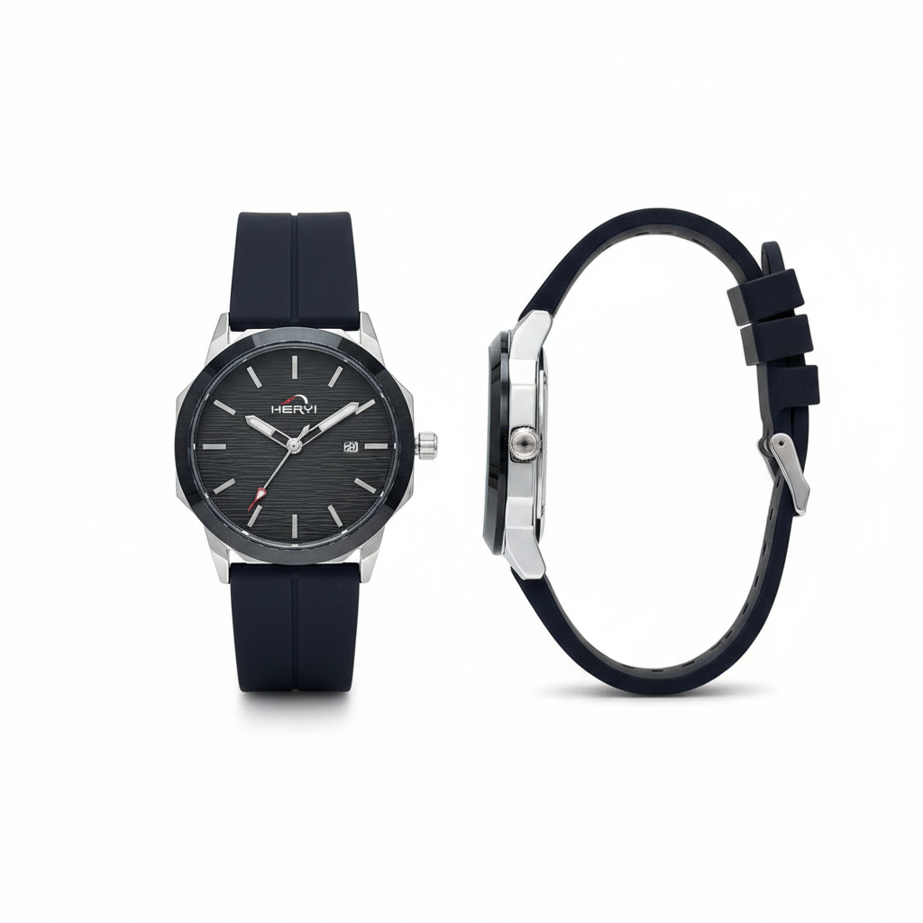 Full black faceted round watch shown from the front and side on a white background
