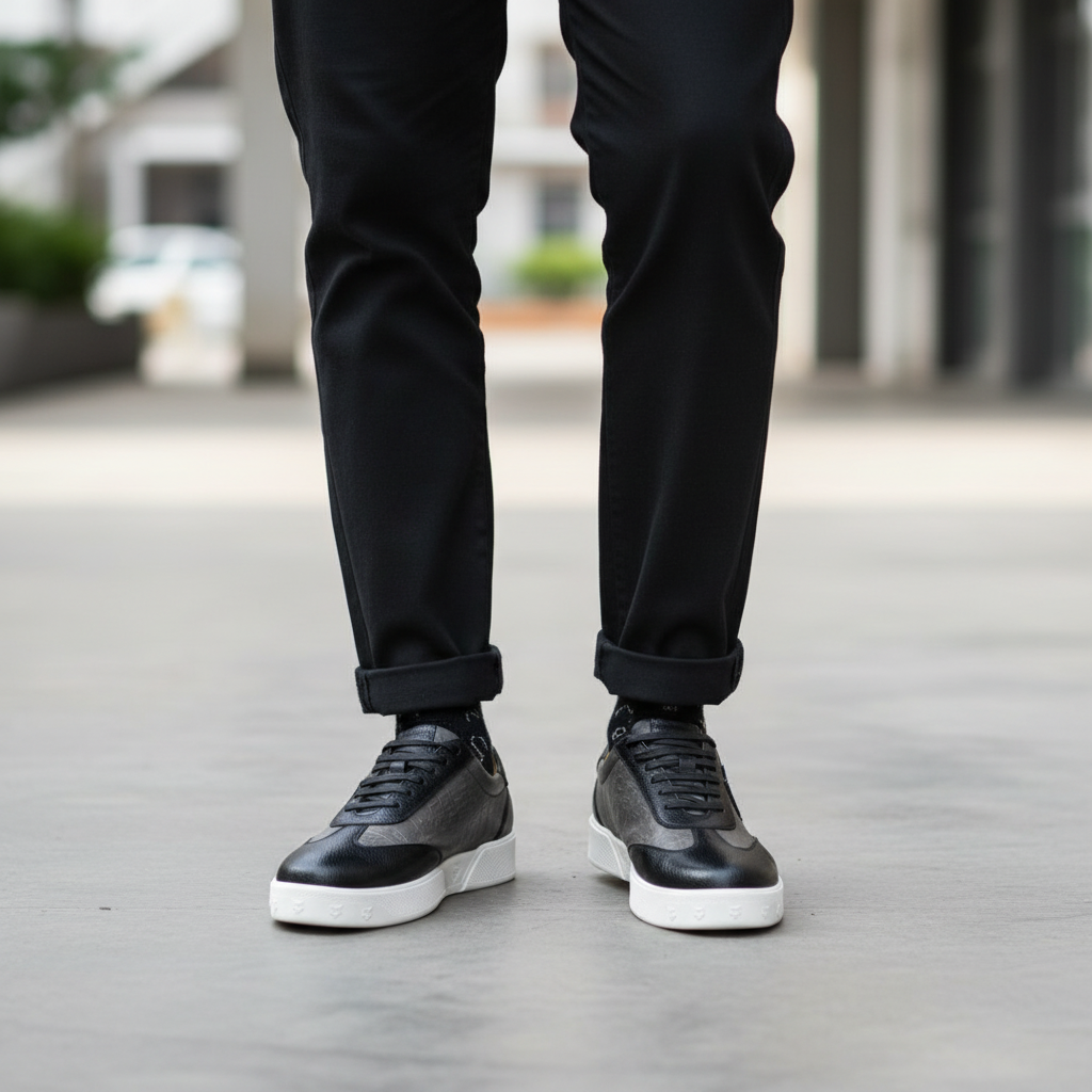 Nigerian male model wearing black leather low-top sneakers, Gen Z street style leg shot
