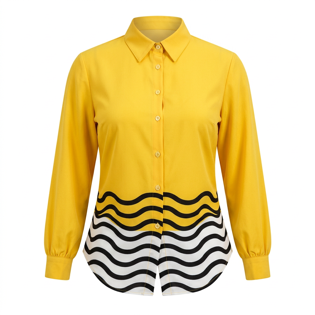 Yellow collared blouse with black-and-white wave-patterned hem on an invisible mannequin against white
