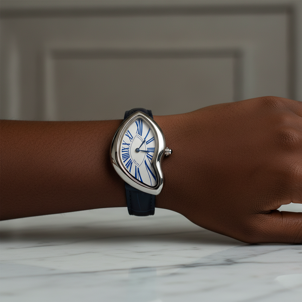 Black Nigerian woman wrist shot wearing asymmetric silver watch with navy strap