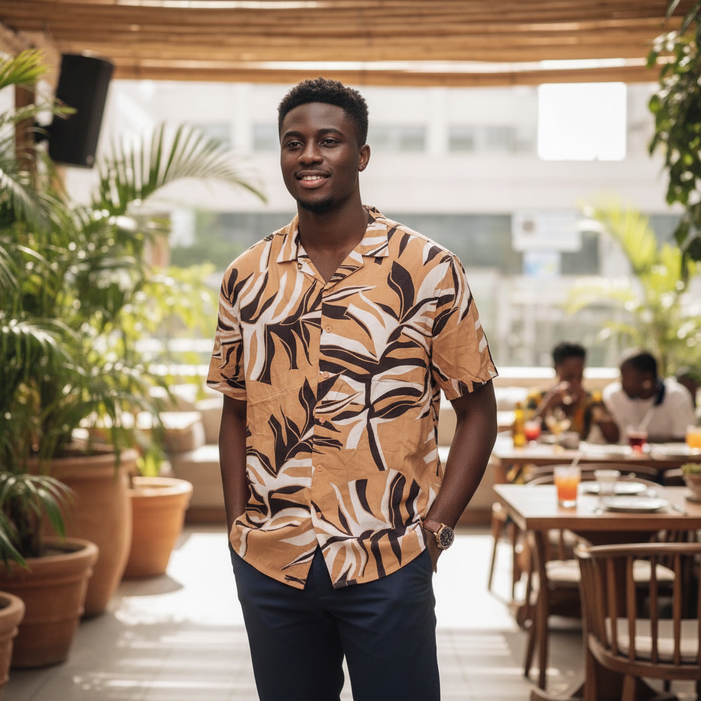 Nigerian male model wearing earth tone abstract leaf print camp collar shirt