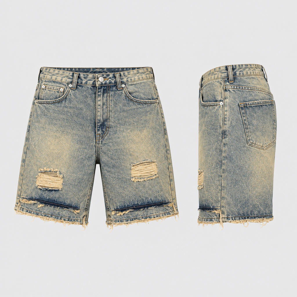Faded grey-blue denim shorts with horizontal distressed patches and frayed hems