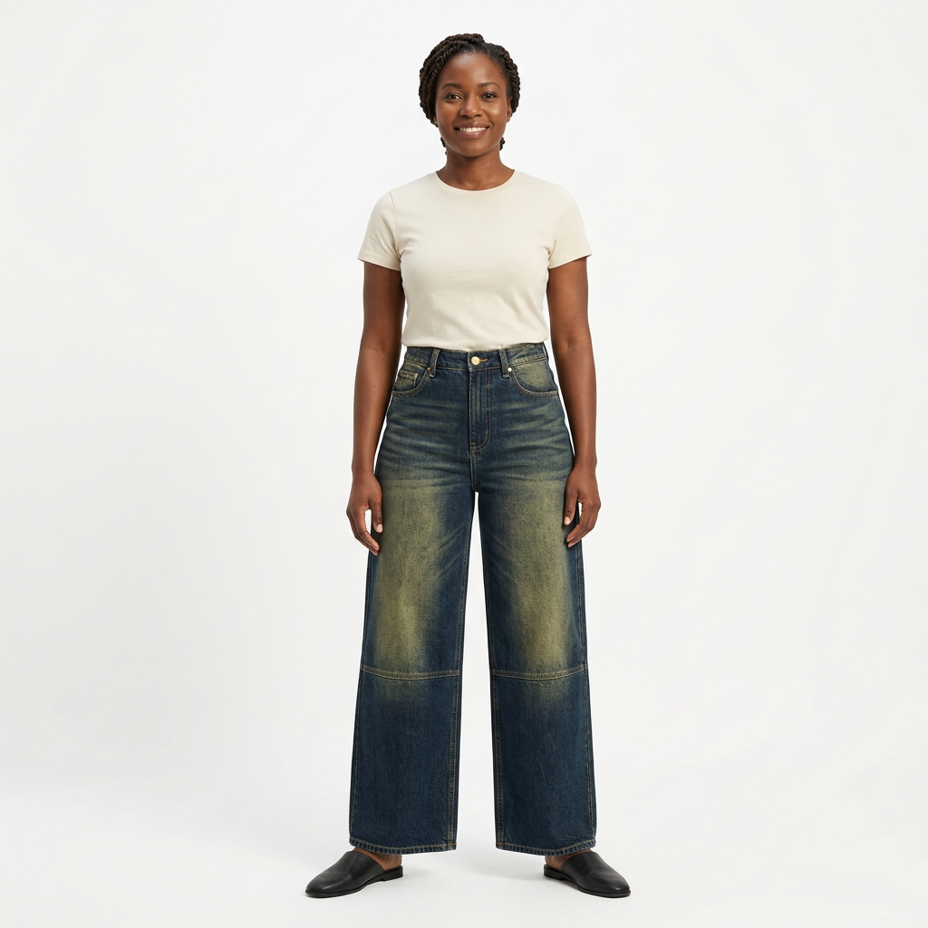 Nigerian female model wearing dark blue vintage-wash panelled wide-leg jeans against white