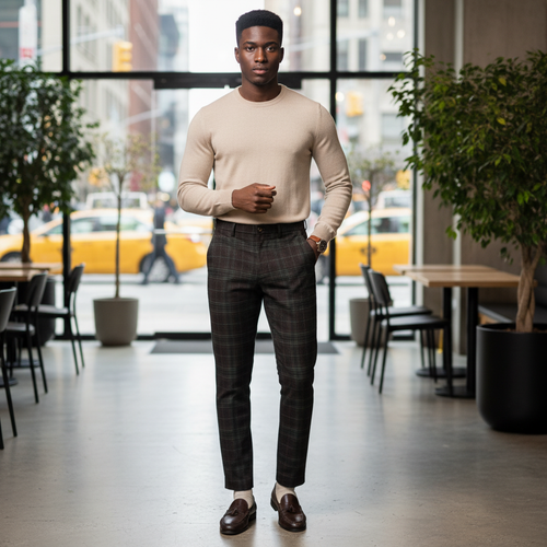 Men's Windowpane Check Trousers – Model Shot Dark Brown