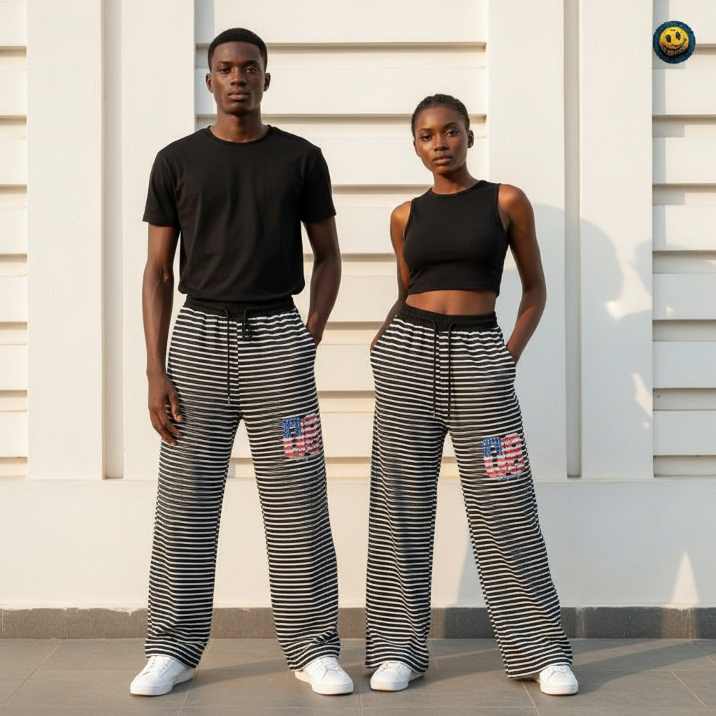 Male and female models wearing black white stripe US flag wide-leg joggers
