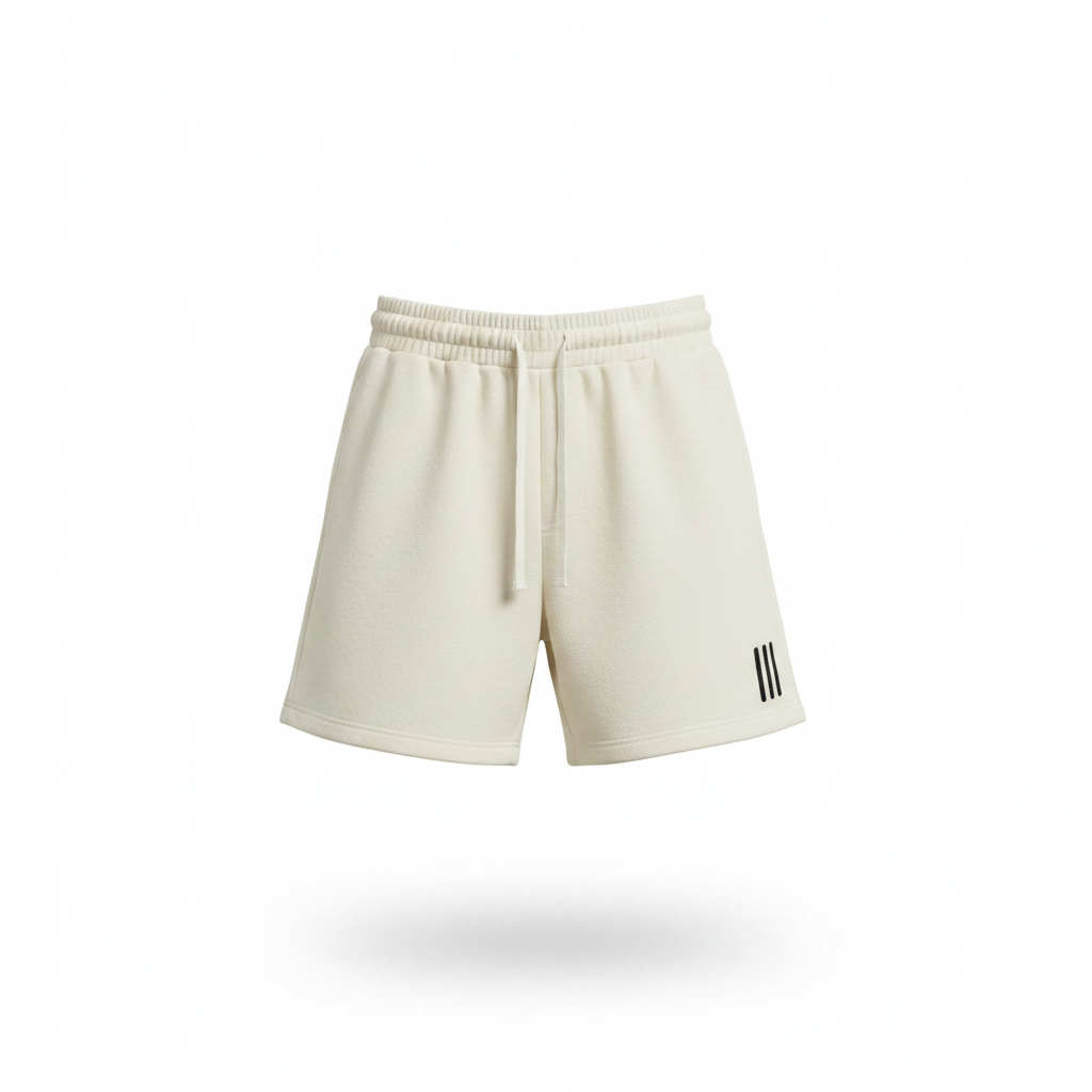 Ghost mannequin front view of cream off-white fleece drawstring shorts with triple stripe logo detail on lower leg