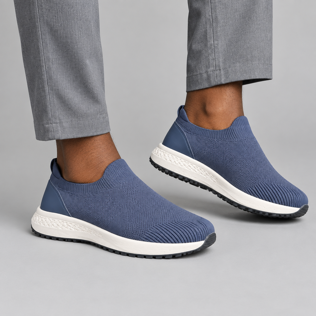 Both blue knit slip-on shoes worn with relaxed trousers