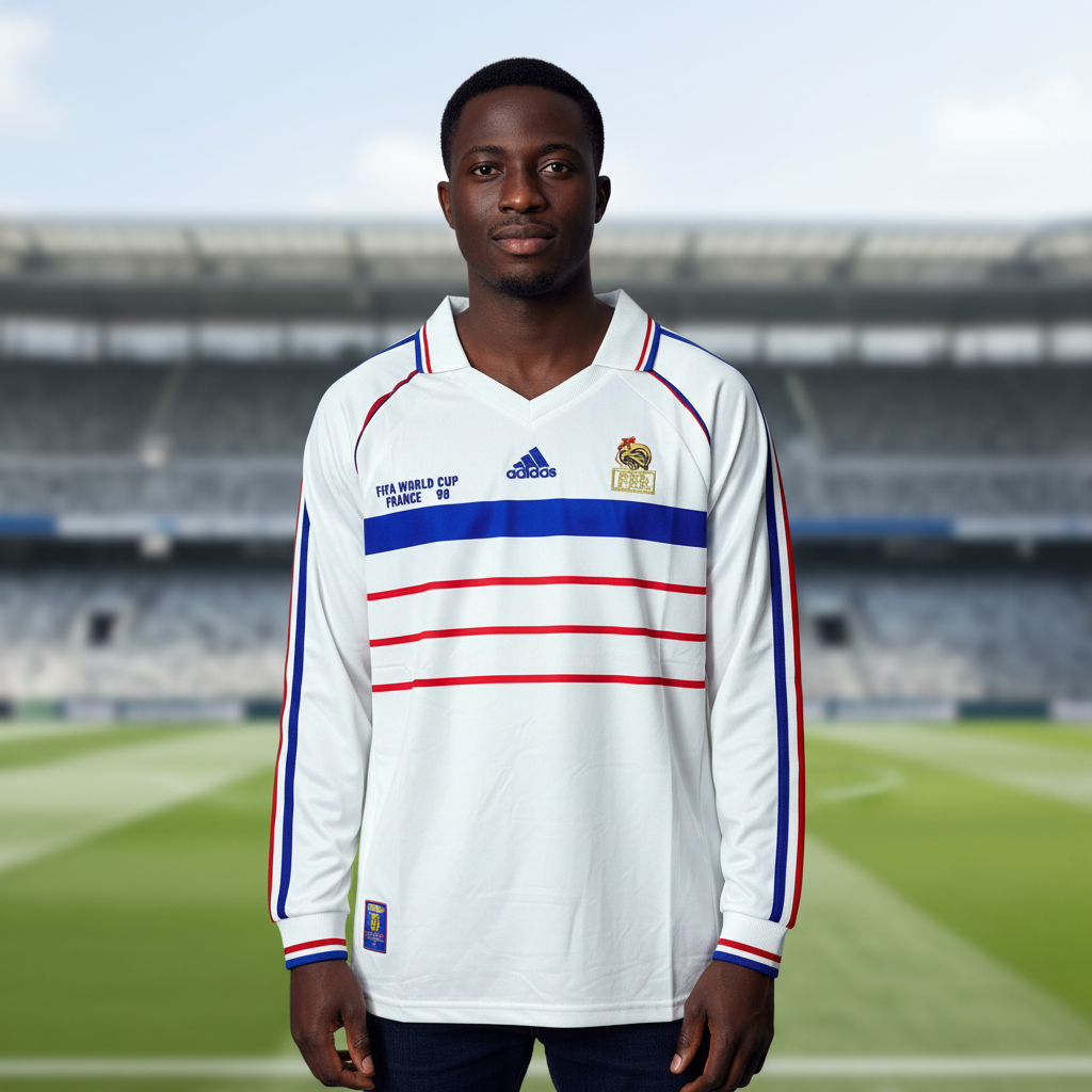 Nigerian male model wearing the white long-sleeve retro football jersey in a sports studio setting