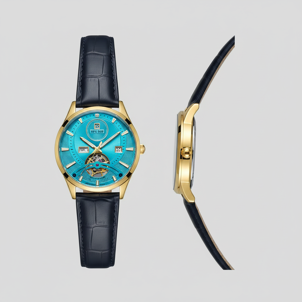Gold-tone open-heart watch with vivid blue dial and dark navy textured strap shown from the front and side